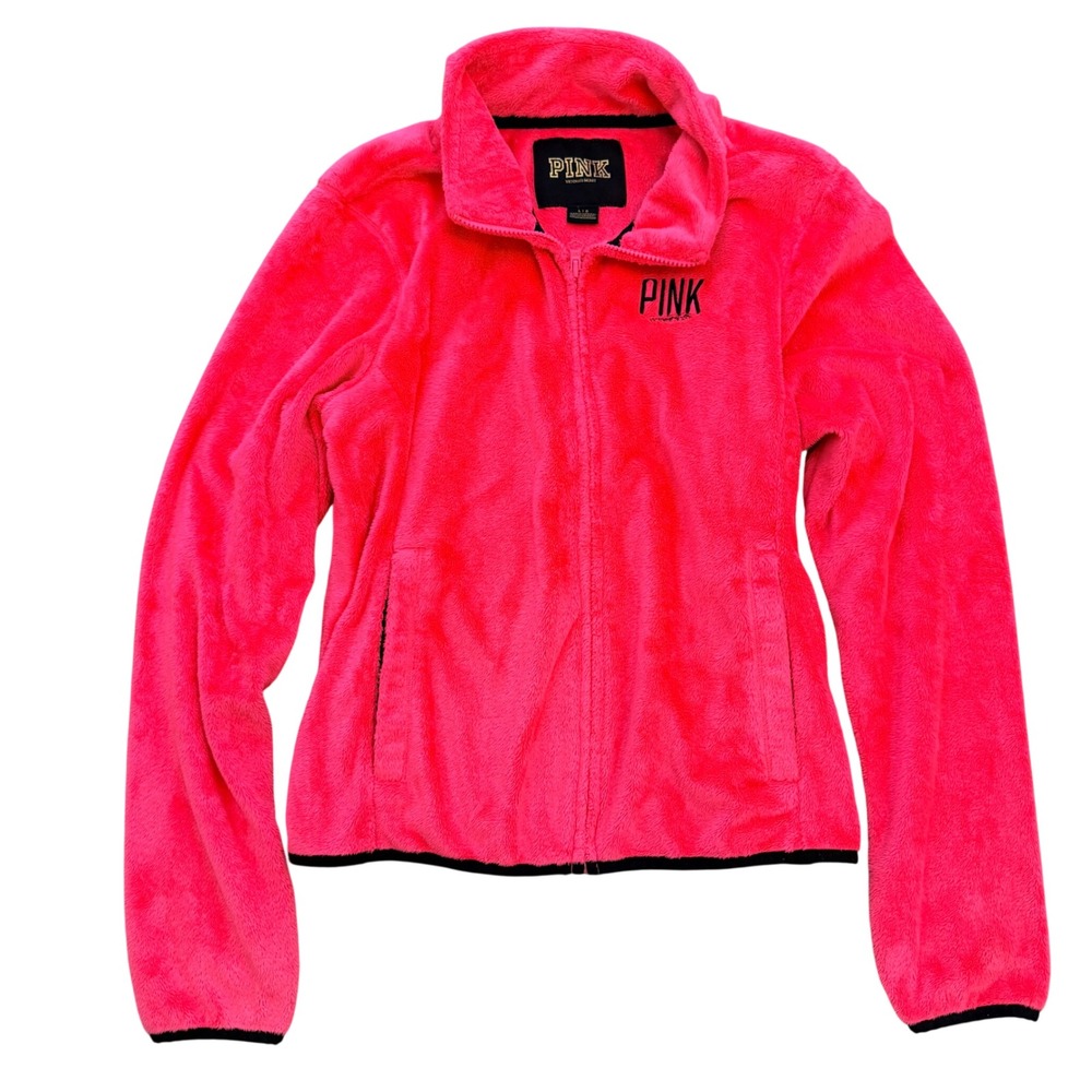 PINK Victoria's Secret Fleece Jacket Womens Large Neon Pink Full Zip Logo Cozy